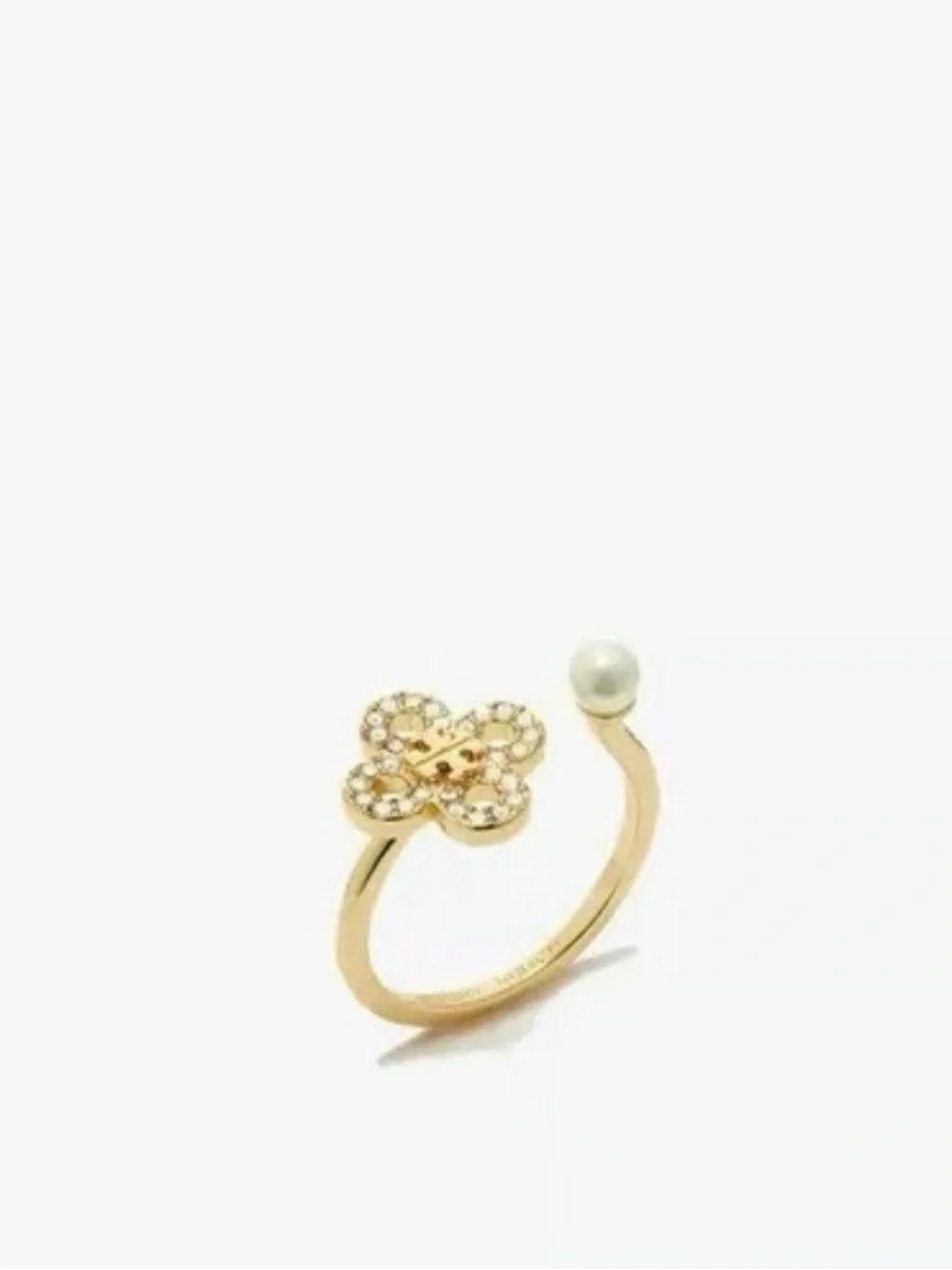 Tory Burch Gold Open Ring with Crystal Flower and Pearl